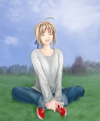 Rule 34 | 00s, ahoge, alternate costume, artoria pendragon (all), artoria pendragon (fate), blonde hair, casual, fate/stay night, fate (series), grass, hair ribbon, happy, indian style, laughing, crossed legs, ribbon, saber (fate), shirt, shoes, sitting, smile, sneakers, solo, t-shirt