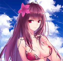 Rule 34 | 1girl, antenna hair, bare arms, bare shoulders, bikini, blue sky, breasts, cleavage, closed mouth, cloud, cloudy sky, commentary request, day, fate/grand order, fate (series), flower, gekka nanako, hair between eyes, hair flower, hair ornament, twirling hair, halterneck, hand up, hibiscus, highres, large breasts, long hair, looking at viewer, outdoors, pink flower, purple bikini, purple hair, red eyes, scathach (fate), scathach (fate/grand order), scathach (swimsuit assassin) (fate), sky, smile, solo, sparkle, strap gap, sweat, swimsuit, underboob, upper body