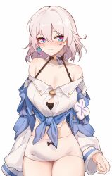 Rule 34 | 1girl, alternate breast size, alternate costume, bare shoulders, black choker, blue eyes, bra strap, breasts, choker, cleavage, closed mouth, collarbone, cowboy shot, crop top, embarrassed, front-tie top, halterneck, highres, honkai: star rail, honkai (series), inniyik, large breasts, long sleeves, looking at viewer, march 7th (honkai: star rail), micro shorts, midriff, off-shoulder shirt, off shoulder, partially unbuttoned, shirt, short hair, shorts, simple background, skindentation, solo, white background, white hair, white shirt, white shorts