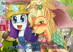 Rule 34 | applejack, blonde hair, blue eyes, blush, dress, english text, eyelashes, grass, green eyes, highres, house, interview, jewelry, looking at viewer, meme, microphone, my little pony, my little pony: friendship is magic, no humans, open mouth, parody, pony (animal), ponytail, purple hair, rarity (my little pony), smiley face, special feeling (meme), spike (my little pony), tears, twilight sparkle, umbrella, unicorn, vavacung