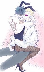Rule 34 | 2boys, arms around neck, ass, ass grab, back tattoo, black hair, blonde hair, cheese neko3, coat, donquixote doflamingo, earrings, feather coat, fishnet pantyhose, fishnets, hand tattoo, height difference, high heels, highres, jewelry, leotard, male focus, male playboy bunny, multiple boys, one piece, pants, pantyhose, pink coat, rabbit ears, rabbit tail, shirt, short hair, shoulder tattoo, sitting, size difference, strapless, strapless leotard, sunglasses, tattoo, tongue, tongue out, trafalgar law, yaoi