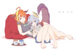 Rule 34 | 2girls, ahoge, alternate costume, amane kanata, angel, asacoco, bare legs, barefoot, bean bag chair, black shirt, blonde hair, blue eyes, blue hair, blunt bangs, breasts, cellphone, colored inner hair, commentary request, cuddling, cup, dolphin shorts, doukyo&#039;s, dragon girl, dragon horns, dragon tail, feet, fingernails, full body, grey shirt, hair between eyes, hair ornament, hairclip, halo, head on chest, highres, holding, holding phone, hololive, horns, kiryu coco, large breasts, long hair, looking away, lying, lying on person, mug, multicolored eyes, multicolored hair, multiple girls, on floor, on side, orange hair, phone, print shirt, purple eyes, red eyes, ringo yadoku, scales, shirt, short hair, short shorts, short sleeves, shorts, silver hair, simple background, small breasts, smartphone, streaked hair, tail, translation request, virtual youtuber, white background