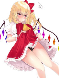 Rule 34 | 1girl, black panties, blonde hair, blush, bow, breasts, closed mouth, clothes lift, cowboy shot, crystal, embarrassed, flandre scarlet, frills, holding, holding clothes, holding skirt, lifted by self, looking at viewer, medium hair, no headwear, no headwear, panties, puffy short sleeves, puffy sleeves, red bow, red eyes, red skirt, red vest, short sleeves, simple background, skirt, skirt lift, solo, thighs, tosakaoil, touhou, underwear, vest, white background, wings, wrist cuffs