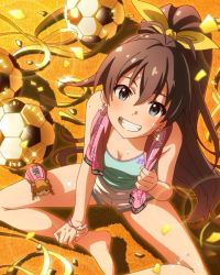 Rule 34 | 10s, 1girl, :d, aqua eyes, ball, barefoot, black hair, breasts, character name, cleavage, confetti, earrings, feet, ganaha hibiki, grin, hamuzou, idolmaster, idolmaster (classic), idolmaster million live!, jewelry, lens flare, long hair, looking at viewer, musical note, official art, open mouth, ponytail, shorts, smile, soccer ball, sweat, telstar, towel