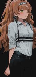 Rule 34 | 1girl, absurdres, arm behind head, belt, black background, black belt, black pants, blush, breasts, checkered hairband, collared shirt, green eyes, hair ribbon, hairband, highres, long hair, maratang, orange hair, pants, reverse:1999, ribbon, shirt, shirt tucked in, simple background, small breasts, solo, sonetto (reverse:1999), two side up, white shirt