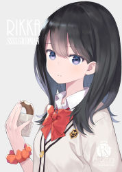 Rule 34 | 10s, 1girl, artist name, black hair, blush, bow, bowtie, capriccio, cardigan, character name, closed mouth, collared shirt, commentary request, copyright name, doughnut, food, grey background, grey cardigan, gridman universe, hair between eyes, hand up, holding, holding food, long hair, looking at viewer, navel, orange scrunchie, purple eyes, red bow, red bowtie, scrunchie, shirt, simple background, solo, ssss.gridman, takarada rikka, upper body, watermark, white shirt, wrist scrunchie