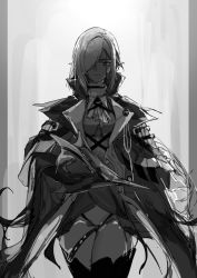 Rule 34 | 1girl, a9712mob, arknights, ascot, cape, commentary, cropped legs, gladiia (arknights), gloves, greyscale, hair over one eye, hat, high collar, holding, holding clothes, holding hat, looking at viewer, monochrome, one eye covered, pointy ears, sketch, smile, solo, thighhighs, unworn hat, unworn headwear, upper body