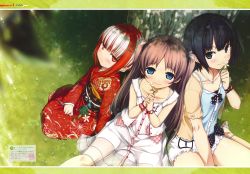 Rule 34 | 3girls, :/, absurdres, arishima alice, black eyes, black hair, blue eyes, blush, breasts, brown hair, casual, closed mouth, cura, dress, flat (company), flower, girl sandwich, grass, hairband, highres, holding, holding flower, huge filesize, japanese clothes, kimono, long sleeves, looking at viewer, monobeno, multicolored hair, multiple girls, obi, outdoors, red eyes, red hair, red kimono, ribbon, sandwiched, sash, sawai natsuha, scan, short hair, sidelocks, sitting, small breasts, smile, sumi (monobeno), translation request, tree, twintails, two-tone hair, two side up, under tree, watch, white hair, wristwatch