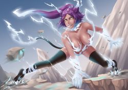 Rule 34 | 1girl, black thighhighs, bleach, bleach: sennen kessen-hen, breasts, cat tail, collarbone, electricity, electrokinesis, energy, female focus, full body, large breasts, long hair, looking at viewer, nude, open mouth, ponytail, purple hair, sakuya (liao kj), shihouin yoruichi, shiny skin, sky, solo, tail, thighhighs, yellow eyes