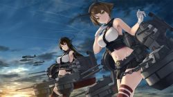 Rule 34 | 10s, 2girls, adjusting hair, aircraft, artist name, back, bad id, bad twitter id, bare shoulders, black gloves, blush, breasts, brown hair, cannon, chain, cleavage, cloud, cloudy sky, collar, commentary request, contrail, cowboy shot, crop top, elbow gloves, finger to mouth, fingerless gloves, from side, gloves, green eyes, groin, hairband, hand on another&#039;s back, hand up, hands on another&#039;s shoulders, headgear, jpeg artifacts, kantai collection, large breasts, leaning forward, long hair, looking at viewer, machinery, midriff, miniskirt, multiple girls, mutsu (kancolle), nagato (kancolle), navel, one eye closed, pleated skirt, radio antenna, red eyes, red legwear, rigging, rokuwata tomoe, short hair, signature, skirt, sky, sleeveless, smile, smokestack, spiked hair, spikes, thighhighs, turret, white gloves, zettai ryouiki