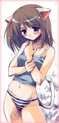 Rule 34 | 1girl, animal ears, black panties, blush, brown eyes, brown hair, camisole, cat ears, cat tail, closed mouth, dot nose, duplicate, female focus, grey camisole, lingerie, midriff, navel, original, panties, ryouka (suzuya), solo, standing, striped clothes, striped panties, tail, underwear