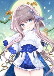 Rule 34 | 1girl, absurdres, blue eyes, blush, closed mouth, commentary request, cowboy shot, dress, faster crisis, genshin impact, grey hair, guizhong (genshin impact), hair ornament, hands up, head tilt, highres, long sleeves, moon, short dress, short hair, short hair with long locks, sky, sleeves past wrists, smile, solo, star (sky), starry sky, white dress, wide sleeves