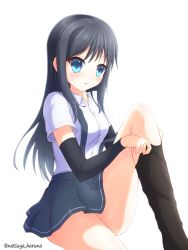 Rule 34 | 10s, 1girl, arm warmers, asashio (kancolle), bad id, bad pixiv id, black hair, black thighhighs, blouse, blue eyes, dressing, highres, kantai collection, long hair, natsuya (pucelle), open mouth, pleated skirt, school uniform, shirt, skirt, solo, suspenders, thighhighs