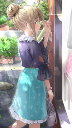 Rule 34 | 1girl, adjusting hair, aqua skirt, bag, belt, black eyes, black ribbon, blonde hair, blush, brown hair, casual, closed mouth, commentary request, day, feet out of frame, fingernails, floral print, frilled shirt collar, frills, from side, hair bun, hand up, handbag, holding, holding own hair, idolmaster, idolmaster million live!, jewelry, leaf, long fingernails, manhole cover, nail polish, outdoors, pink nails, planter, print skirt, profile, puffy sleeves, purple shirt, ribbon, shirt, sidelocks, single hair bun, skirt, sleeves past elbows, smile, solo, standing, storefront, sunlight, tenkuubashi tomoka, watch, wristwatch, yoropa