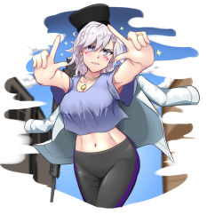 Rule 34 | 1girl, absurdres, alternate costume, black pants, blue shirt, braid, breasts, casual, cleavage, cloud, crop top, crop top overhang, cropped shirt, facial mark, frozen vayne, girls&#039; frontline, gun, h&amp;k sl8, hair between eyes, highres, jacket, jacket on shoulders, jewelry, large breasts, looking at viewer, medium hair, midriff, navel, necklace, outstretched arms, pants, parted lips, purple eyes, ring, shirt, short sleeves, single braid, sl8 (girls&#039; frontline), solo, stomach, weapon, wedding ring, white hair, white jacket
