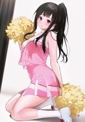 Rule 34 | 1girl, arm behind back, armpit crease, bare arms, bare shoulders, black curtains, black hair, blush, breasts, brown hair, cheerleader, chitanda eru, commentary request, crop top, from side, hand up, high-waist skirt, highres, holding, holding pom poms, hyouka, kneeling, large breasts, long hair, looking at viewer, looking to the side, mery (yangmalgage), midriff, midriff peek, miniskirt, parted lips, pink skirt, pleated skirt, pom pom (cheerleading), pom poms, ponytail, purple eyes, raised eyebrows, shirt, side ponytail, skirt, sleeveless, socks, solo, thighs, white footwear, white socks