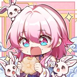 Rule 34 | 1girl, black choker, blue eyes, blue jacket, chibi, chinese commentary, choker, commentary request, dress shirt, earrings, food, food on face, highres, holding, holding food, honkai: star rail, honkai (series), jacket, jewelry, long sleeves, march 7th (honkai: star rail), medium hair, mid-autumn festival, pink eyes, pink hair, rabbit, second-party source, shirt, single earring, solo, tied jacket, two-tone eyes, upper body, white shirt, xzz151513