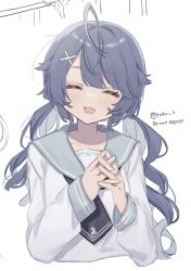 Rule 34 | 1girl, :d, ^ ^, ahoge, amamiya kokoro, black necktie, blue hair, blue sailor collar, blush, closed eyes, commentary, fang, hair ornament, highres, interlocked fingers, long hair, long sleeves, low twintails, necktie, nijisanji, open mouth, own hands together, roku 6, sailor collar, shirt, sidelocks, simple background, skin fang, smile, solo, twintails, twitter username, upper body, virtual youtuber, white background, white shirt, x hair ornament