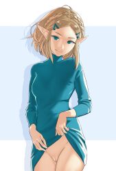 Rule 34 | 1girl, 2022, aqua dress, aqua eyes, blonde hair, blue dress, blue eyes, bottomless, braid, breasts, cleft of venus, closed mouth, clothes lift, clothes pull, cowboy shot, dress, dress lift, dress pull, hair ornament, hairclip, highres, lifting own clothes, long sleeves, looking at viewer, medium hair, nintendo, no panties, nude, pointy ears, pomelomelon, princess, princess zelda, pussy, simple background, small breasts, smile, solo, standing, teeth, the legend of zelda, the legend of zelda: breath of the wild, the legend of zelda: tears of the kingdom, thighs, uncensored, white background