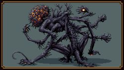 Rule 34 | amygdala (bloodborne), bloodborne, branch, eldritch abomination, extra arms, extra eyes, glowing, monster, no humans, orange eyes, pixel art, spine, squatting, standing, tail, wolfenoctis