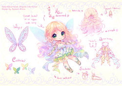 Rule 34 | 1girl, artist name, bare shoulders, blonde hair, borrowed character, braid, butterfly wings, chibi, closed mouth, commission, dress, drill hair, english text, flower, full body, gem, green eyes, hair flower, hair ornament, hyanna-natsu, insect wings, layered dress, long hair, multicolored clothes, multicolored dress, original, outstretched arms, sandals, smile, solo, strapless, swept bangs, tareme, twin braids, very long hair, wings, yellow background