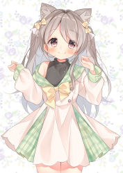 Rule 34 | 1girl, animal ear fluff, animal ears, bare shoulders, black shirt, blush, bow, brown eyes, closed mouth, commentary request, dog ears, dress, fang, fang out, floral background, gau (n00 shi), green sailor collar, grey hair, hair bow, hands up, highres, long hair, long sleeves, looking at viewer, off shoulder, original, pinching sleeves, plaid, plaid sailor collar, puffy long sleeves, puffy sleeves, sailor collar, sailor dress, shirt, sleeveless, sleeveless shirt, sleeves past wrists, smile, solo, standing, two side up, very long hair, white dress, yellow bow