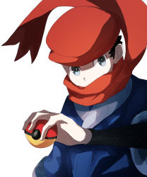 Rule 34 | 1boy, black hair, black shirt, blue jacket, bright pupils, commentary request, creatures (company), floating scarf, game freak, grey eyes, hand up, hat, holding, holding poke ball, jacket, kou11021301, looking at viewer, male focus, nintendo, poke ball, poke ball (legends), pokemon, pokemon legends: arceus, red hat, red scarf, rei (pokemon), scarf, shirt, short hair, solo, upper body, white pupils