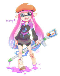 Rule 34 | 1girl, beret, bike shorts, black jacket, black shorts, black skirt, blue eyes, blue hair, blunt bangs, boots, chinese commentary, commentary request, fangs, gradient hair, hat, highres, holding, holding weapon, inkling, inkling girl, inkling player character, jacket, long hair, looking at viewer, madaga (animaofmoon), multicolored hair, nintendo, open mouth, orange hair, paint splatter, pink hair, print jacket, raglan sleeves, shorts, shorts under skirt, signature, simple background, skirt, smile, solo, splatoon (series), splatoon 2, squiffer (splatoon), standing, standing on one leg, star (symbol), track jacket, twitter username, very long hair, weapon, white background, yellow footwear, zipper, zipper pull tab