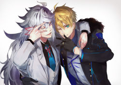 Rule 34 | 2boys, ahoge, alternate costume, arm around shoulder, arthur pendragon (fate), blonde hair, blue neckwear, fate/grand order, fate (series), gloves, gradient background, green eyes, hair between eyes, hand on another&#039;s waist, heads together, hood, hood down, hoodie, jewelry, long hair, long sleeves, looking at viewer, male focus, merlin (fate), multiple boys, necktie, one eye closed, open clothes, open hoodie, open mouth, purple eyes, pvc parfait, ring, smile, upper body, very long hair, vest, white hair