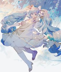 Rule 34 | 1girl, blue background, blue eyes, blue hair, boots, bow, commentary, dress, elbow gloves, full body, gloves, hair bow, hatsune miku, highres, holding, holding staff, knee boots, lobelia (saclia), long hair, puffy short sleeves, puffy sleeves, short sleeves, snowflakes, solo, staff, symbol-only commentary, twintails, very long hair, vocaloid, white background, white bow, white dress, white footwear, white gloves, yuki miku, yuki miku (2019) (candidate no.6)