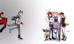 Rule 34 | 1other, 4girls, animal ear fluff, animal ears, arknights, arms behind head, bird, black capelet, black gloves, black hair, black jacket, black shorts, blonde hair, capelet, commentary request, croissant (arknights), detached wings, energy wings, exusiai (arknights), fingerless gloves, fur-trimmed jacket, fur trim, gloves, halo, highres, jacket, long hair, multiple girls, open mouth, pantyhose, penguin, penguin logistics (arknights), raglan sleeves, red hair, shorts, sora (arknights), texas (arknights), emperor (arknights), thigh strap, twintails, visor cap, white jacket, wings, wolf ears, wolf girl, yoyoseafish