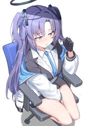 Rule 34 | 1girl, absurdres, black gloves, black skirt, blue archive, blue necktie, blush, closed mouth, collared shirt, gloves, halo, highres, jacket, long hair, long sleeves, mechanical halo, necktie, olecafe2, open clothes, open jacket, pleated skirt, purple eyes, purple hair, shirt, simple background, sitting, skirt, solo, two-sided fabric, two-sided jacket, two side up, white background, white jacket, white shirt, yuuka (blue archive)