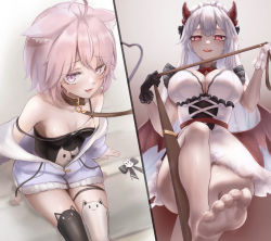 Rule 34 | 2girls, absurdres, animal ears, artist request, barefoot, breasts, cat ears, cleavage, collar, feet, femdom, gloves, highres, horns, leash, crossed legs, licking lips, long hair, looking at viewer, looking down, multiple girls, nyatasha nyanners, open mouth, pink hair, red eyes, short hair, silver hair, sitting, thighhighs, tongue, tongue out, vei (vtuber), virtual youtuber, vshojo
