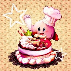 Rule 34 | cake, cat, chef hat, cook kirby, cooking, food, food focus, fruit, hat, icing, king dedede, kirby, kirby (series), lowres, nintendo, no humans, pastry, pastry bag, sepia background, sin (hitonatsu), star-shaped food, star (symbol), starfruit, strawberry, when you see it