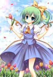 Rule 34 | 1girl, bad id, bad pixiv id, blue eyes, blush, bow, daiyousei, day, dress, fairy wings, female focus, flower, green hair, hair bow, highres, kouta., nature, neckerchief, outdoors, petals, plant, short hair, side ponytail, sky, solo, touhou, wings, yousei daisensou
