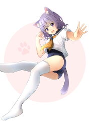 Rule 34 | 1girl, :d, animal ears, ass, black sailor collar, blush, cat ears, cat girl, cat tail, commentary request, fang, hair between eyes, highres, looking at viewer, neckerchief, no shoes, old school swimsuit, open mouth, orange neckerchief, original, outstretched arm, pink background, purple eyes, purple hair, sailor collar, school swimsuit, school uniform, serafuku, shibacha, shirt, short sleeves, smile, solo, swimsuit, swimsuit under clothes, tail, thighhighs, two-tone background, white background, white shirt, white thighhighs