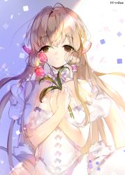 Rule 34 | 1girl, android, atsumi jun, bare shoulders, blonde hair, brown eyes, brown hair, chii, chobits, commentary, dress, flower, hair tubes, half-closed eyes, hands on own chest, long hair, looking at viewer, parted lips, pink flower, shade, smile, solo, sparkle, tareme, upper body, white dress