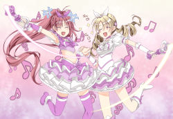 Rule 34 | 2girls, alternate costume, anger vein, beamed quavers, blonde hair, boots, bow, closed eyes, cosplay, cure melody, cure melody (cosplay), cure rhythm, cure rhythm (cosplay), drill hair, fang, hair bow, holding hands, knee boots, magical girl, mahou shoujo madoka magica, mahou shoujo madoka magica (anime), multiple girls, musical note, open mouth, parody, ponytail, precure, quaver, red hair, sakura kyoko, shinohara shinome, skirt, suite precure, tears, thighhighs, tomoe mami, treble clef, twin drills, twintails
