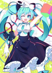 Rule 34 | 1girl, ;d, absurdres, aluppia, aqua eyes, aqua hair, arm up, cowboy shot, dress, gloves, hatsune miku, highres, index finger raised, long hair, magical mirai miku, magical mirai miku (2016), microphone, one eye closed, open mouth, pantyhose, smile, solo, twintails, very long hair, vocaloid, white gloves