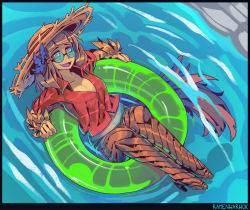 Rule 34 | 1girl, :d, afloat, black border, blunt bangs, border, breasts, bright pupils, brown hair, cleavage, commentary, english commentary, feather hair ornament, feathers, floating, from above, glasses, hair ornament, hat, hawaiian shirt, high heels, innertube, kikimora (monster girl encyclopedia), looking at viewer, medium breasts, monster girl, monster girl encyclopedia, open mouth, orange eyes, ramenwarwok, red shirt, round eyewear, shirt, short hair, short sleeves, signature, smile, solo, straw hat, swim ring, tail, tan, water