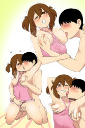Rule 34 | 1boy, 1girl, arm up, armpits, black hair, blush, breast sucking, breasts, breasts out, brown eyes, brown hair, clothed female nude male, clothing aside, highres, hirasawa yui, ivancyxic, k-on!, kiss, licking, long hair, nipple stimulation, nipple tweak, nipples, nude, penis, sex, short hair, sweat, swimsuit, swimsuit aside, testicles, vaginal