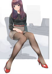 Rule 34 | 1girl, blue eyes, brown hair, brown pantyhose, chair, commentary request, computer, doushimasho, green sweater, high heels, highres, laptop, long hair, looking at viewer, mole, mole above mouth, nail polish, office lady, original, outside border, pantyhose, pencil skirt, red nails, ribbed sweater, sitting, skirt, solo, sweater