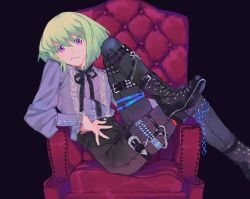 Rule 34 | ankle boots, belt, belt boots, black gloves, boots, chair, cross-laced footwear, dress shirt, closed eyes, gloves, green hair, half gloves, high heel boots, high heels, highres, lace-up boots, lio fotia, looking at viewer, male focus, multiple belts, promare, purple eyes, ribbon, shirt, sitting, solo, studded belt, yagita (astronomie)
