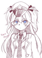 Rule 34 | 1girl, blue eyes, character name, collared shirt, expressionless, girls&#039; frontline, hair between eyes, hat, highres, jacket, kuroketto, monochrome, necktie, police hat, shirt, simple background, sketch, solo, spot color, super-shorty (girls&#039; frontline), upper body, vest