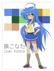 Rule 34 | 00s, 1girl, ahoge, bad id, bad pixiv id, blue hair, border, brown socks, character name, color guide, ears visible through hair, full body, green eyes, hands on own hips, izumi konata, japanese text, knee blush, kneehighs, loafers, long hair, lucky star, mizushima (p201112), mole, mole under eye, neckerchief, pleated skirt, ryouou school uniform, school uniform, serafuku, shirt, shoes, sidelocks, simple background, skirt, socks, solo, standing, striped clothes, striped skirt, tareme, white background, white shirt, yellow neckerchief