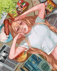 Rule 34 | 1girl, blonde hair, bucky (chainsaw man), chainsaw man, copyright name, cosplay, crop top, cross-shaped pupils, denji (chainsaw man), doraemon (character), food, hair between eyes, hayakawa aki, higashiyama kobeni, higashiyama kobeni (cosplay), highres, horns, ketchup bottle, charm (object), long hair, looking at viewer, lying, newspaper, noodles, on back, pochita (chainsaw man), power (chainsaw man), radio, ramen, red horns, shirt, solo, symbol-shaped pupils, taestymaee, white shirt, yellow eyes
