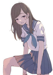 Rule 34 | 1girl, black skirt, blue neckerchief, blue sailor collar, brown eyes, brown hair, clenched teeth, highres, knee up, long hair, looking at viewer, natuich, neckerchief, original, parted lips, pleated skirt, sailor collar, school uniform, serafuku, short sleeves, simple background, skirt, solo, standing, swept bangs, teeth, white background, white serafuku