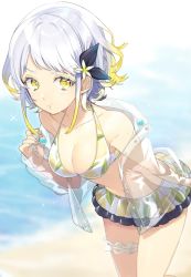 Rule 34 | 1girl, :i, beach, bikini, black ribbon, blonde hair, blue nails, blurry, blurry background, breasts, cleavage, closed mouth, collarbone, commentary, cowboy shot, day, depth of field, diagonal stripes, food print, frilled bikini, frills, hair ribbon, highres, jacket, leaning forward, bridal garter, lemon print, long sleeves, looking at viewer, medium breasts, multicolored hair, multicolored nails, nail polish, navel, ocean, outdoors, red nails, ribbon, see-through, sogawa, solo, striped, striped nails, swimsuit, thighs, virtual youtuber, white hair, yellow bikini, yellow eyes, yuzuha (channel), yuzuha (yuzuha virtual)