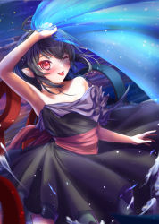 Rule 34 | 1girl, ahoge, alternate costume, armpits, asymmetrical wings, black dress, black hair, blue wings, blush, breasts, cleavage, commentary request, cowboy shot, dress, holding veil, houjuu nue, looking at viewer, medium hair, one eye closed, open mouth, pointy ears, red eyes, red sash, red wings, sash, small breasts, smile, solo, strapless, strapless dress, tongue, tongue out, touhou, wings, yakkyokuya