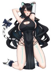 Rule 34 | 1girl, :o, absurdres, animal ears, armpits, arms behind head, black dress, black hair, black sash, blue eyes, blue hair, blush, bow, breasts, cleavage, cleavage cutout, clothing cutout, commission, covered navel, cross-laced slit, curvy, dress, erina makina, fur armlet, hair over one eye, highres, kneeling, large breasts, long hair, mchiefy, mechanical arms, multicolored hair, no panties, nose blush, open mouth, pelvic curtain, phase connect, revealing clothes, sash, sideboob, sideless dress, single mechanical arm, solo, streaked hair, tail, tail bow, tail ornament, thighs, tiger ears, tiger girl, tiger tail, very long hair, virtual youtuber
